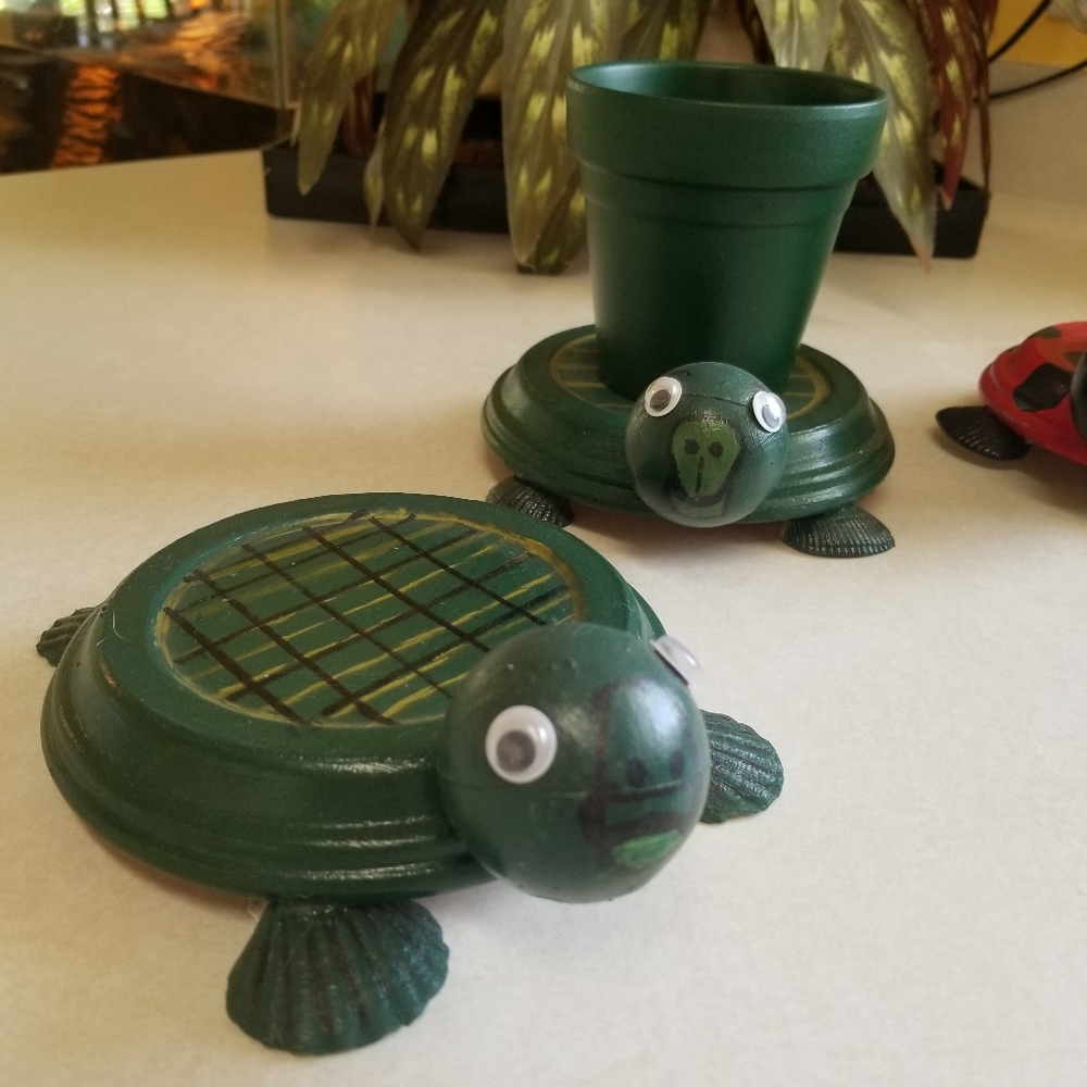 Handcrafted Lady Bug or Turtle planters.